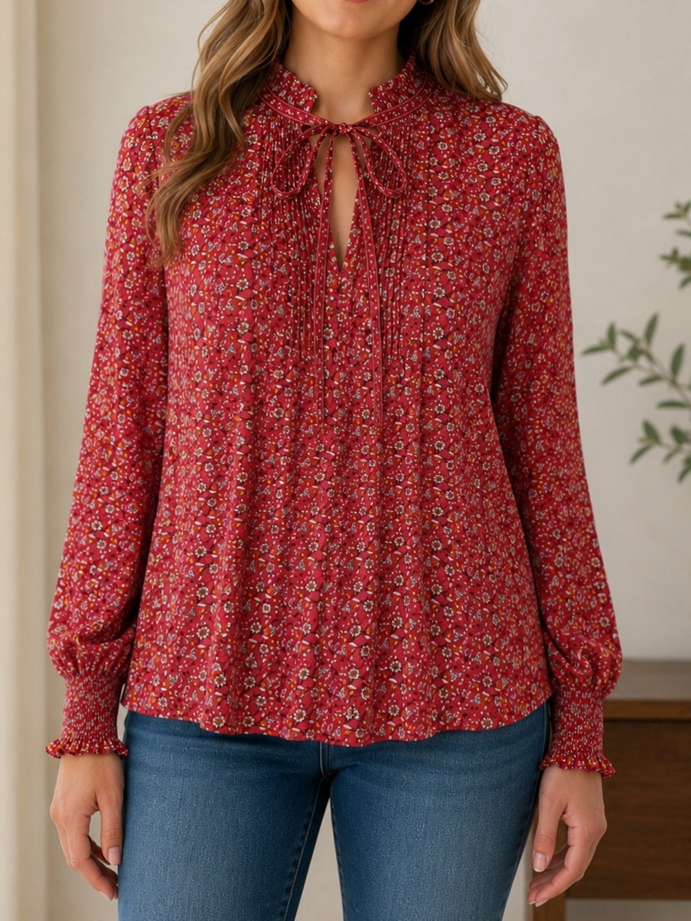 Max Studio Floral Smocked Tie Neck Long Sleeve Blouse Red XL